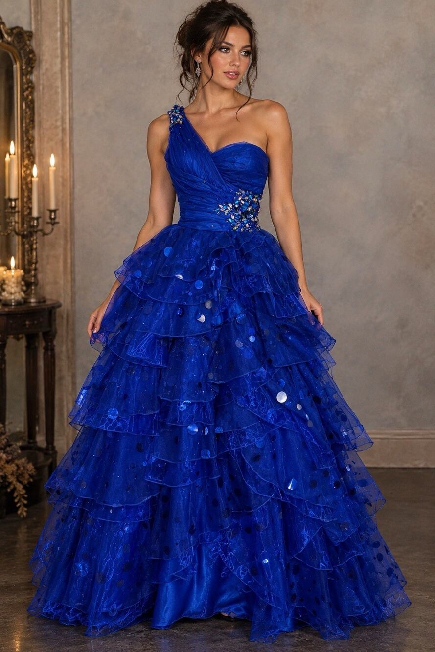 Mac Duggal Couture Cobalt Blue One Shoulder Tiered Sequin Prom Ball Gown Dress 2